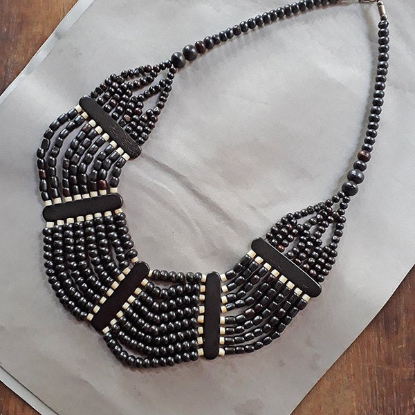 Wood bead necklace, Bib necklace, Tribal necklace, Boho Necklace, Vintage necklace, Statement necklace, Brown necklace, Bohemian necklace