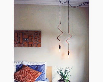 2 Plug-in Pendant Lights - Industrial Lighting - Geometric Copper - Zig Zag Hanging Lamp Light - ETL listed - Pair of pendant lights