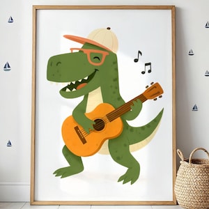 Art mural dinosaure jouant de la guitare, impression animalier pour chambre d'enfant, chambre d'enfant chantée pour mélomane, décoration de chambre pour tout-petit, affiche dinosaure T-Rex de salle de jeux de musique