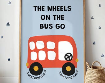 Nursery Rhyme Wall Art Printable: The Wheels on the Bus, Kids Print, Whimsical Illustration for Playroom, School, Children Gallery, Bedroom