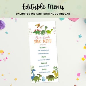 Dinosaur Birthday Menu, Watercolor Dino, Gender Neutral Card, Jurassic Prehistoric Party, Editable Digital Template, INSTANT DOWNLOAD