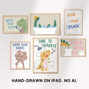 Kids Dinosaur Bathroom Wall Art Set of 6 Prints: Dino Printable Posters, Wash Hands, Shower, Brush Teeth, Bath Decor with T-Rex Triceratops