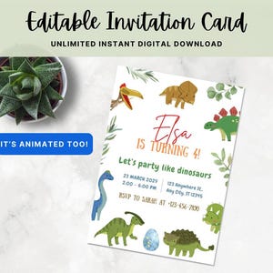 Dinosaurier-Geburtstagseinladung, Aquarell Dino, Gender Neutral Karte, Jurassic Prehistorische Party, bearbeitbare digitale Vorlage, INSTANT DOWNLOAD