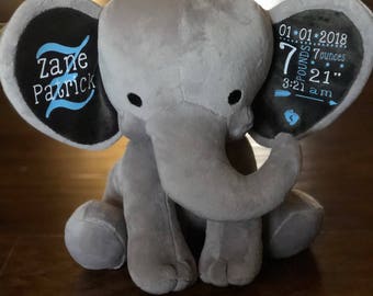 Birth Announcement Keepsake--Personalized Nursery Elephant Stuffed Animal Keepsake--New Baby Gift--Baby Shower Gift--Baby Gift--Baby Keepsak