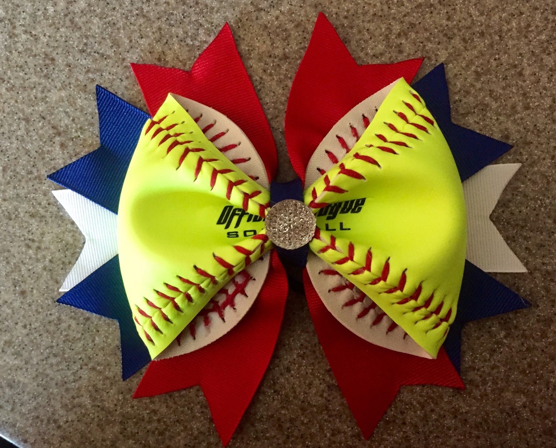 Softball Ribbon Bow Made From Real Softballssoftball Team Etsy