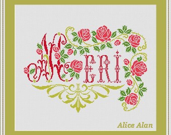 Cross Stitch Pattern Name Meri Flowers red Roses Font letters sampler Counted Cross Stitch Pattern / Instant Download Epattern PDF File