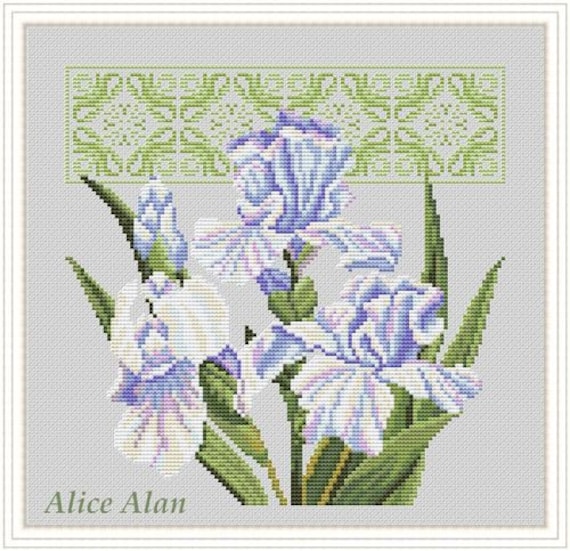 Art Nouveau Blue and Yellow Iris Flower Counted Cross Stitch Pattern