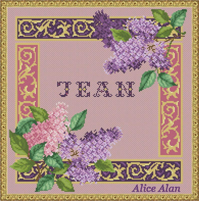 Cross Stitch Pattern Name Jean Lilac Flowers Font letters ...