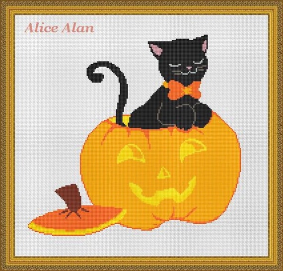 Black Cat,Cross Stitch Pattern Holidays Halloween Blue Witch