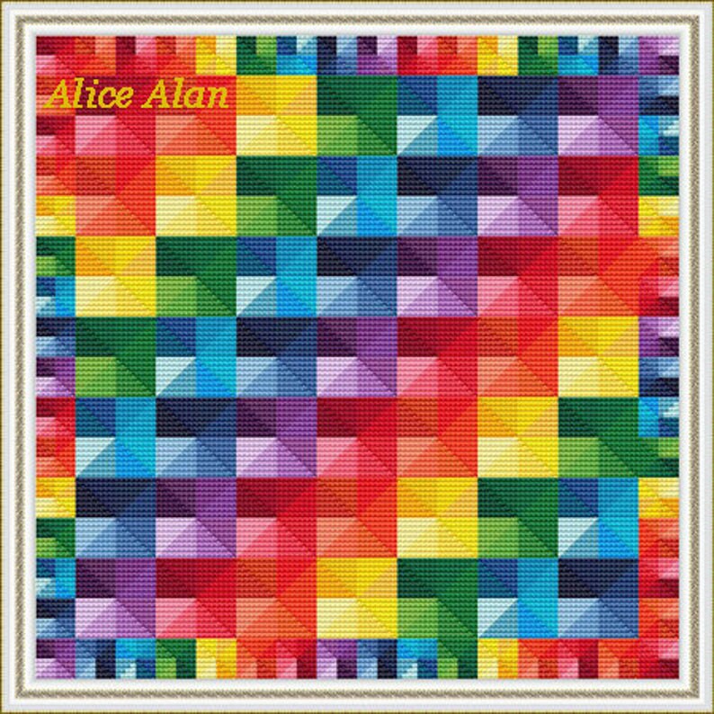 Cross stitch pattern abstract geometric rainbow polygonal 3D Etsy