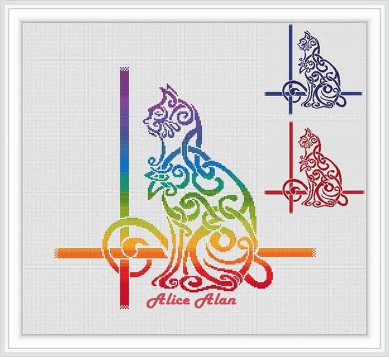 Cat Celtic Knot Silhouette Ethnic Ornament Cats Rainbow Red | Etsy