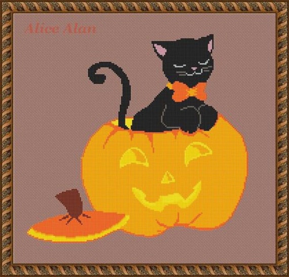 Black Cat,Cross Stitch Pattern Holidays Halloween Blue Witch