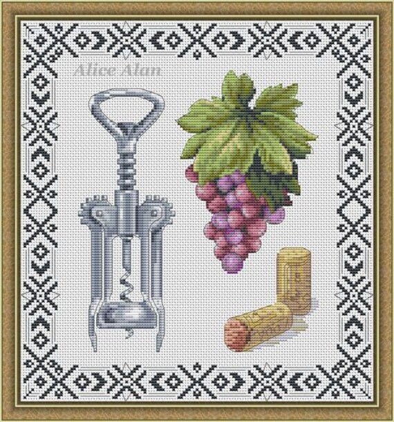Cross stitch pattern sampler grapes corkscrew wine spin tube Etsy