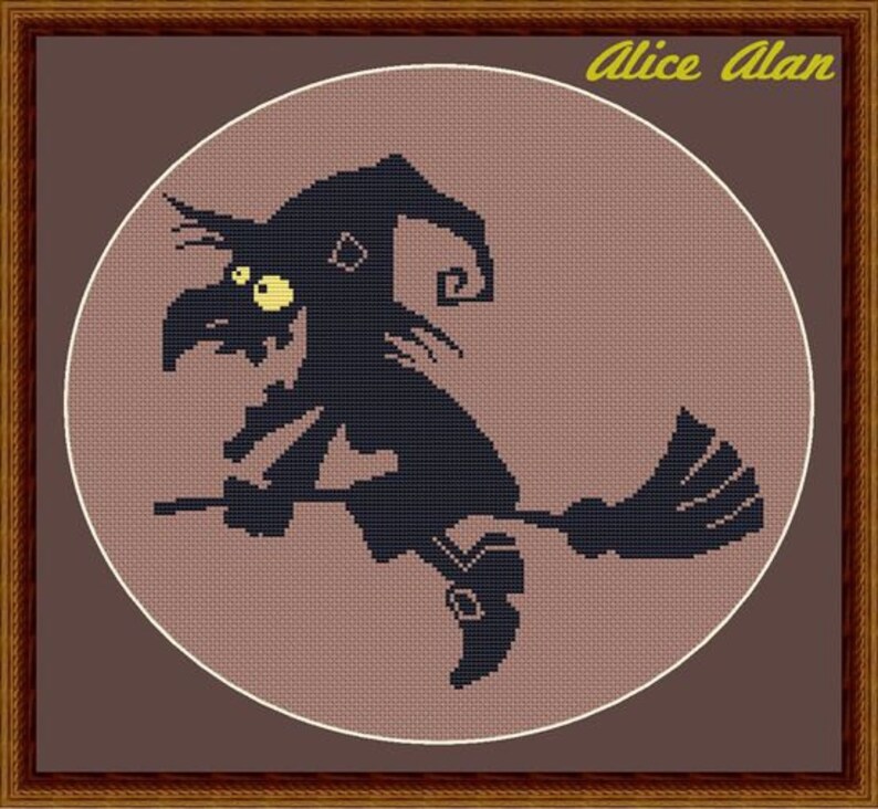 Cross Stitch Pattern Holiday Halloween Funny Witch black yellow Broom Counted Cross Stitch PatternInstant Download Epattern PDF File