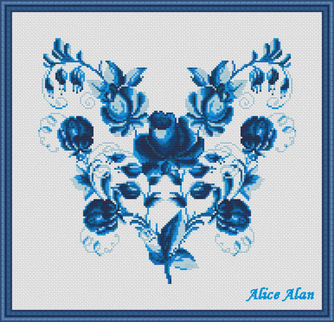 Cross Stitch Pattern Heart Love Flowers roses blue ornament Etsy
