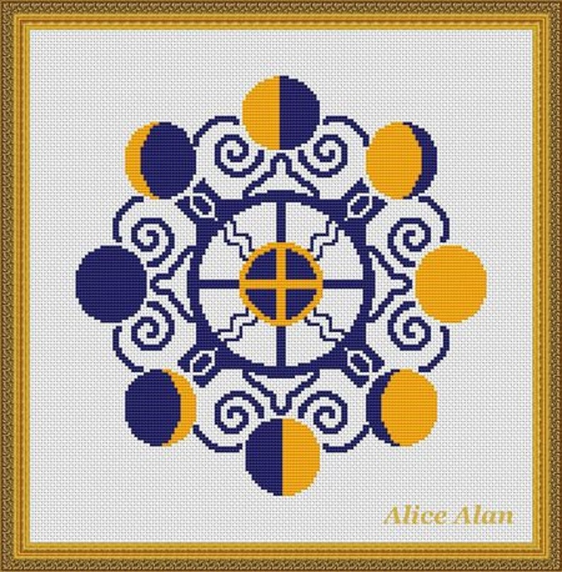 Cross Stitch Pattern Vintage Moon phase blue yellow sky ...
