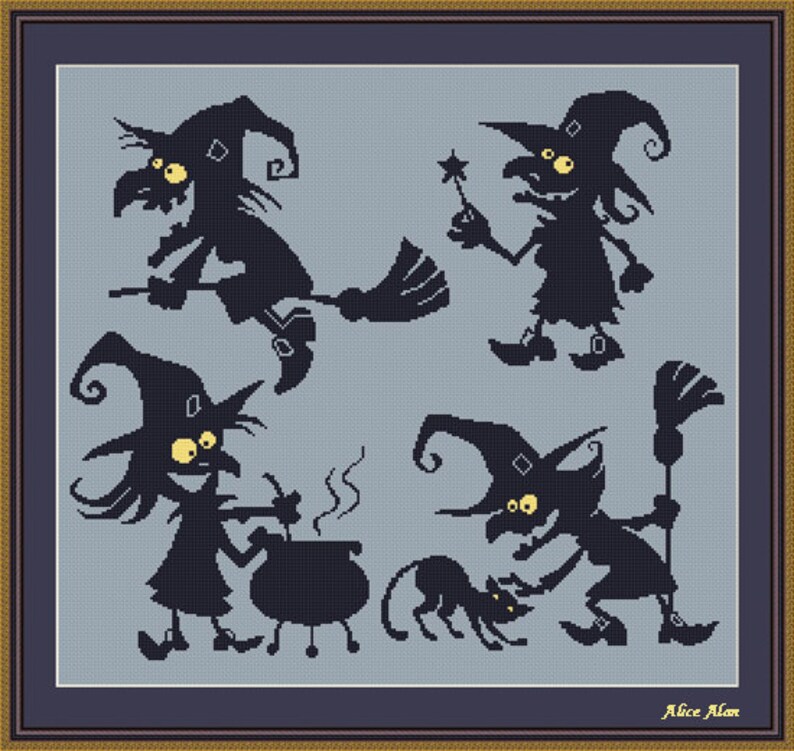 Cross Stitch Pattern Holiday Halloween Funny Witch black yellow Broom Counted Cross Stitch PatternInstant Download Epattern PDF File