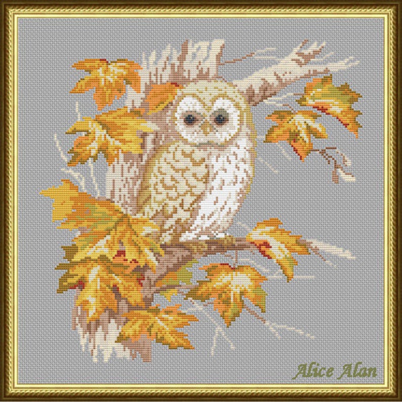 Cross Stitch Pattern Birds Owls Bird Owl Tree Leaves Yellow Etsy