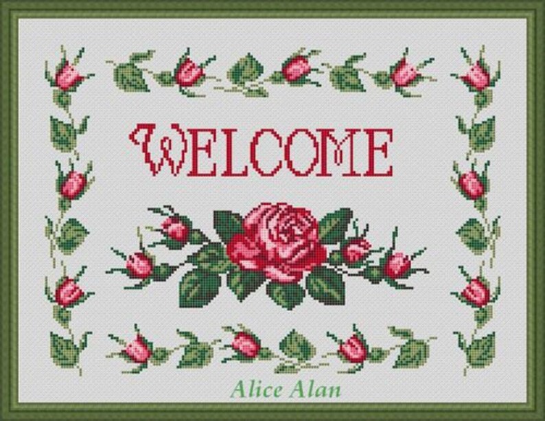 Cross Stitch Pattern Flowers Red Roses Word Home Sweet Etsy