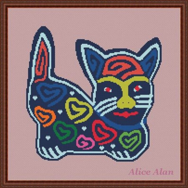 Plastic Canvas Kits How To Cross Stitch Pattern Cats Blue Cat Colorful Hearts Art Silhouette Indians Ethnic Kuna Counted Cross Stitch Patterninstant Download Epattern