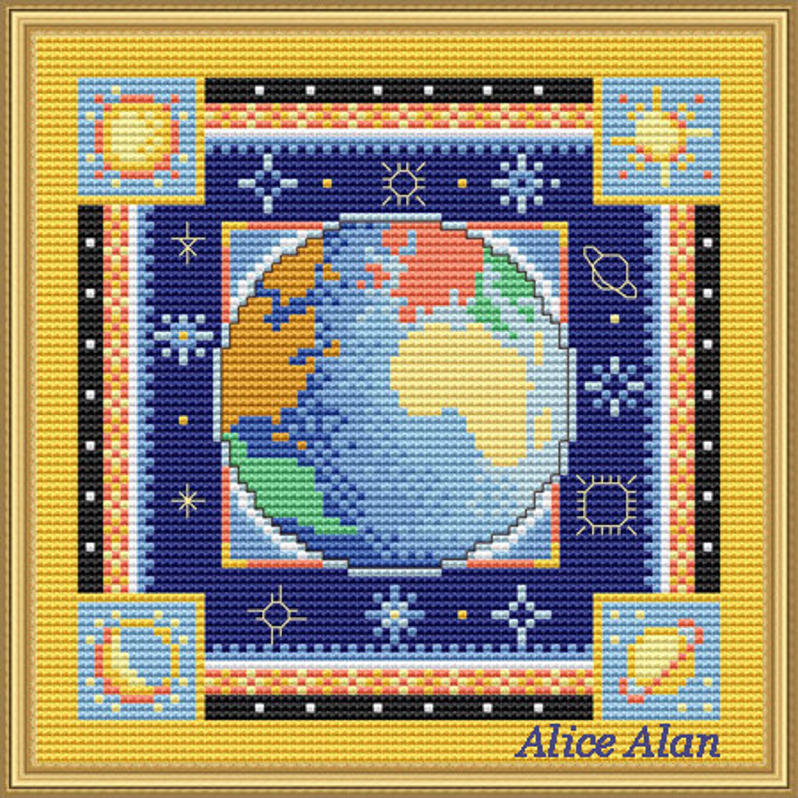 Cross Stitch Pattern Sampler Space Planet Earth blue sky stars | Etsy
