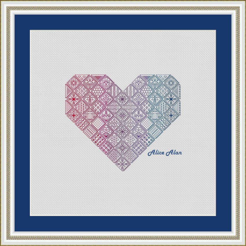 Cross stitch pattern blackwork heart red blue geometric Etsy