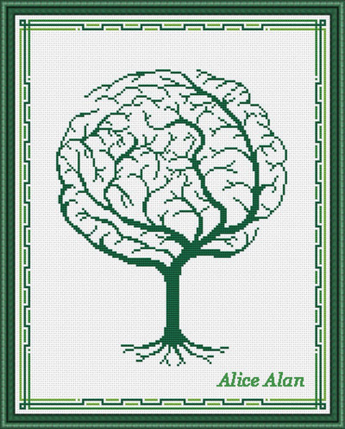 Cross stitch pattern tree brain abstract green red blue Etsy