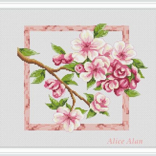 Cross Stitch Pattern Flowers Branch Apple Tree Blossoms Etsy