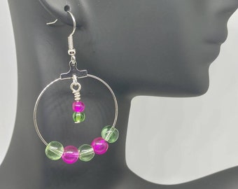 Watermelon Inspired Theme Green/Pink Beaded Hoop Earrings