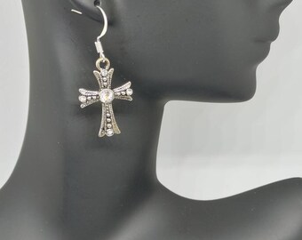 Silver Rhinestone Cross Earrings