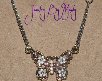 White & Pink Rhinestone Butterfly Necklace