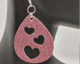 Pink Glitter Triple Cut Heart Faux Leather Teardrop Earrings