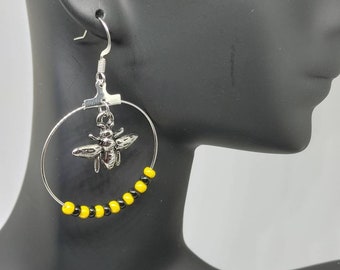 BEE Black and Yellow Czech Glass Beaded Hoops with Bee Charms Earrings