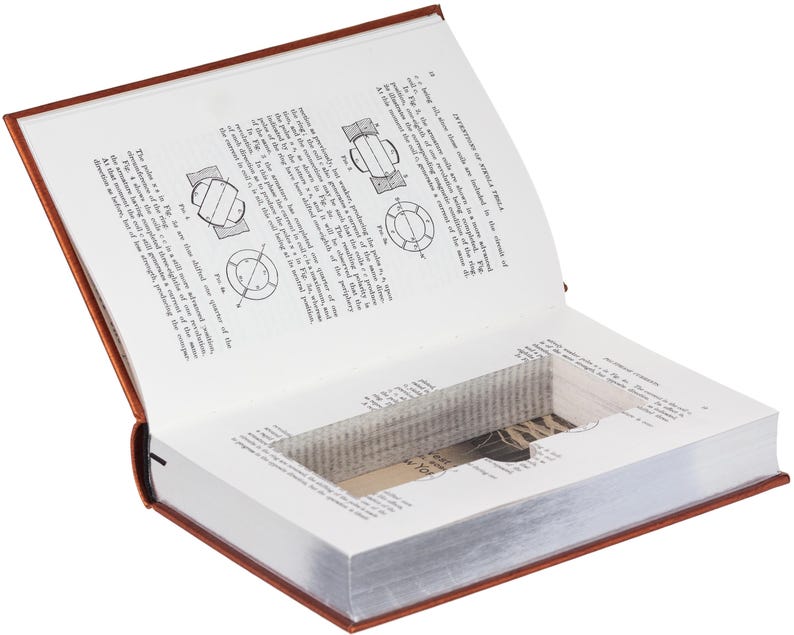 May include: An open hardcover book with a rectangular hollow cut into the center of its pages. The visible pages contain printed text and scientific diagrams labeled Fig 3, Fig 4, and Fig 5, detailing the operation of a coil and ring.