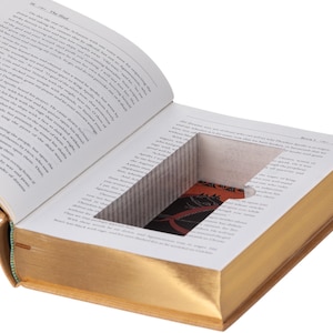 May include: An open hardcover book with gold-gilded page edges features a rectangular hollow compartment cut into the center of the pages. The interior of the hidden cavity reveals a dark red and black patterned lining with a graphic design.