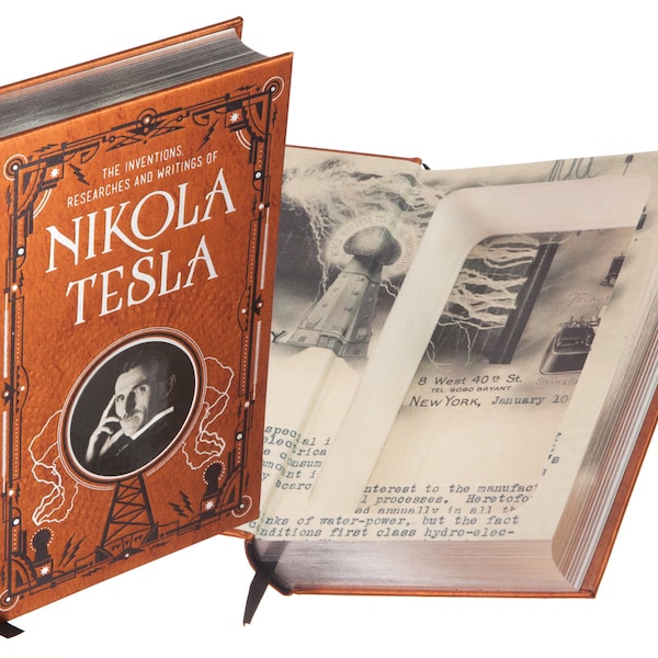 Book Safe - Nikola Tesla, The Inventions Researches and Writings of (Magnetic Closure) - Leather bound Hollow Book Safe