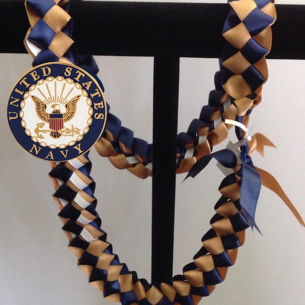 MiLiTARY TROOPS, HEROES, VETERANs Hawaiian Ribbon LEi - ARMY NaVY MARiNE AiR FoRCE - Academy GRADUATiON Training RETiREMENT Celebration