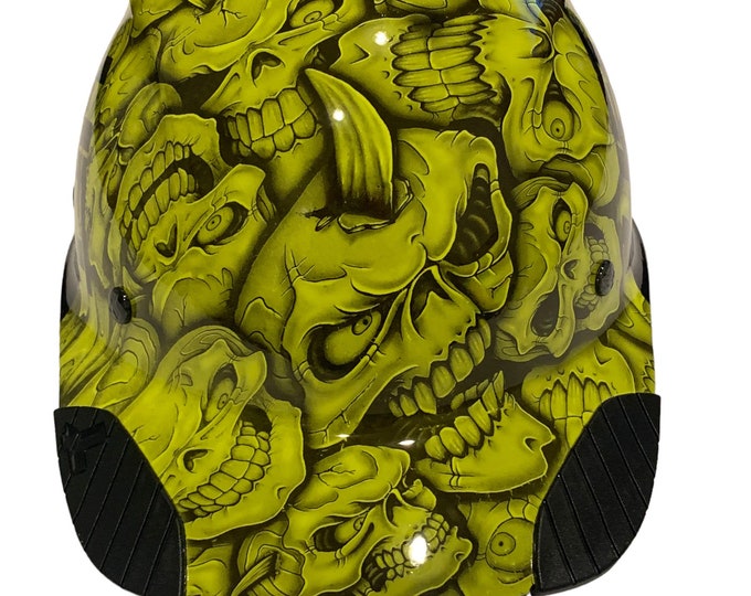 Custom Hydro Dipped Black and HiVis Green Insanity Skulls Lift DAX Fifty 50 Carbon Fiber HDC50C-19OC Cap Style HardHat