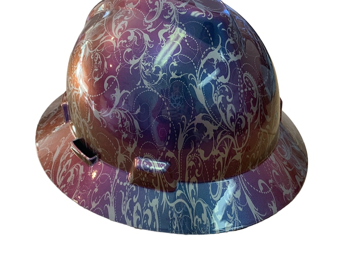 Custom Blue Purple Chameleon  Lilies Hard Hat MSA V-Gard Full Brim
