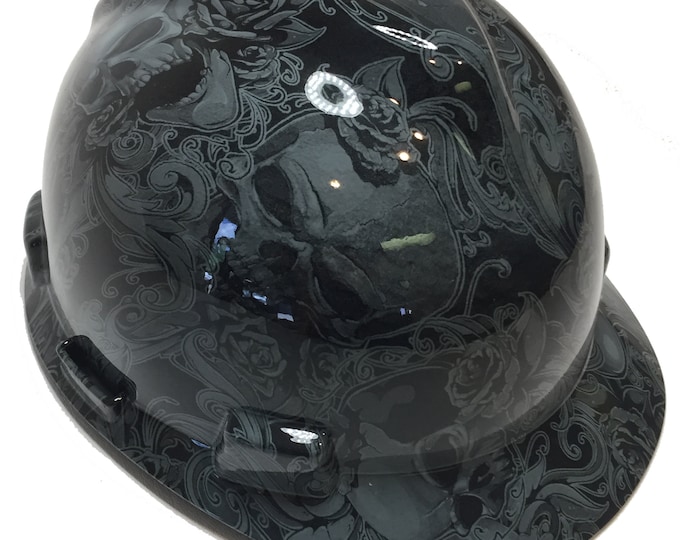 Hard Hat MSA V-Gard Cap Style Custom Gray Filigree Skulls