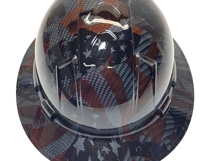 Custom Hydro Dipped Sport Carbon Fiber American Flags Ridgeline Full Brim  Hard Hat