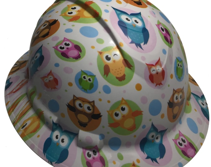Custom Hard Hat Light Gray Cute Owls Full Brim Ridgeline