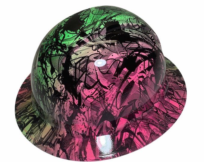 Custom Hard Hat Pink and Green Double Graffiti Full Brim Ridgeline