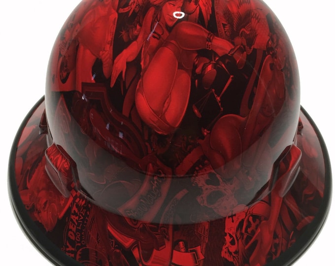 Hard Hat MSA V-Gard Full Brim Custom Red Naughty Boy W/Black Edgegard Hydro Dipped
