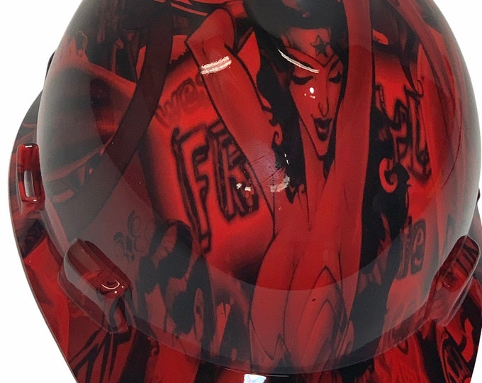 Hard Hat MSA V-Gard Cap Style Custom Red  Fantasy Chic Hydro Dipped