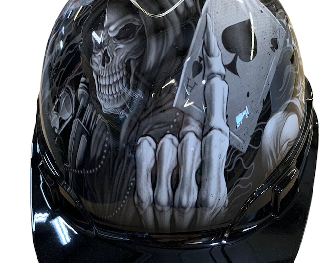 Custom Hydro Dipped Hard Hat Ridgeline Cap Style White Ace Of Skulls w/Black Brim