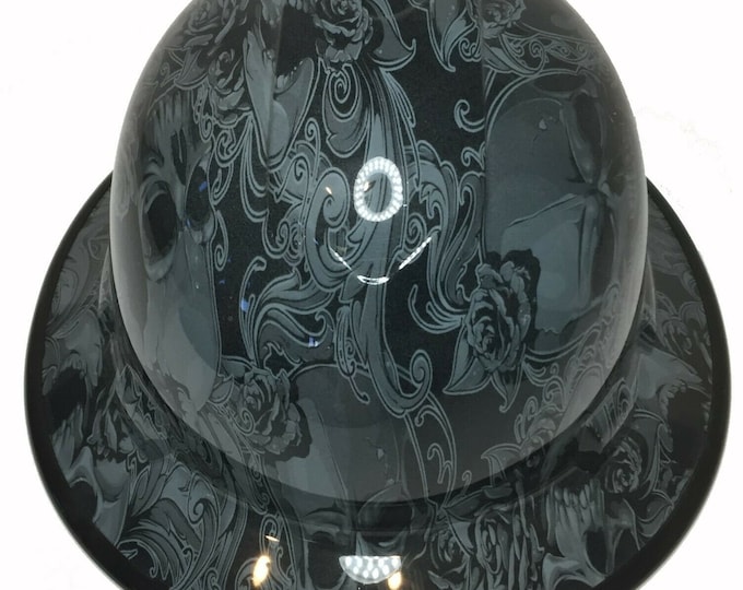 Custom Hydro Dipped Hard Hat Slate Gray Filigree Skulls Full Brim Ridgeline W/ Black EdgeGard