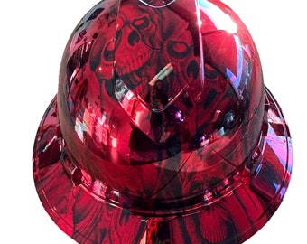 Custom Ridgeline Full Brim Hard Hat Chrome Kandy Red No Evil Skulls