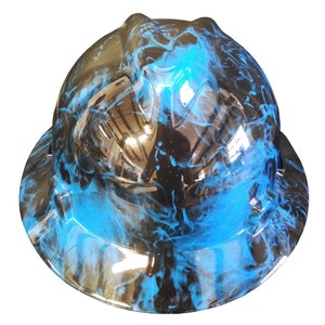 Casco di sicurezza MSA con visiera completa, personalizzato, idrorepellente, con teschi fiammeggianti blu