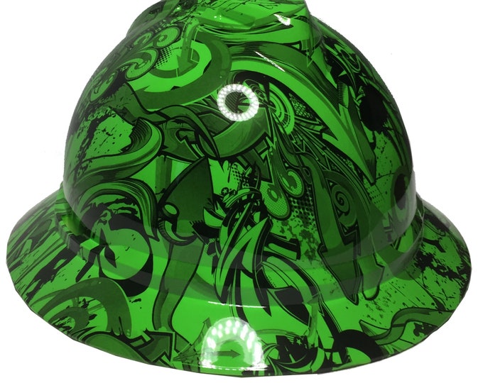 Custom Hard Hat Hydro Dipped Alien Green Graffiti MSA 500 Series V-Gard Full Brim Non-vented 6 Point Ratchet Suspension